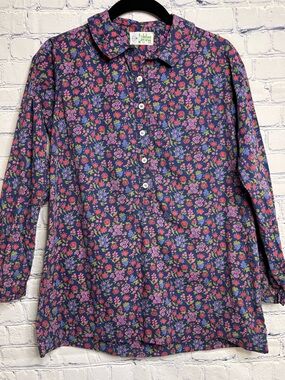 VINTAGE Ladybug Navy Blue Ditsy Floral Retro Preppy Cottagecore Popover Shirt M